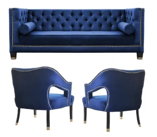Blaue Chesterfield Sessel XXL – Stilvolle Sofagarnitur aus Textil - Elegante Sofagarnitur in Blau für mehr als 4 Personen. Mit einer komfortablen Polsterung und modernem Design ideal für Wohnzimmer oder Gästezimmer.