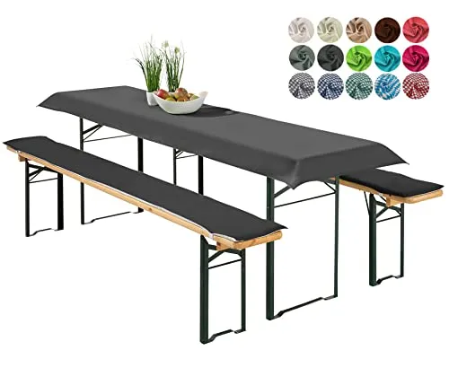 heimtexland ® Bierzeltgarnitur Auflagen Set 3-teilig - Praktisches Set für Bierzeltgarnitur in Schwarz, bestehend aus Tischdecke und bequemen Polstern. Strapazierfähig, pflegeleicht und nach Ökotex Standard 100 zertifiziert – ideal für Feste und Feiern.