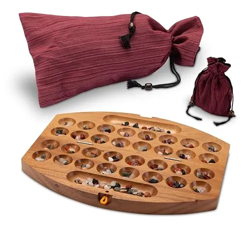 LOGOPLAY Bao Spiel Gr. S 30cm - Strategiespiel für 2 Spieler mit Stoffbeutel - Kompaktes Strategiespiel mit 75 Edelsteinen im praktischen Stoffbeutel. Ideal für Reisen und spannende Spielabende. Hochwertige Verarbeitung aus Samena-Holz, perfekt für strategisches Denken!