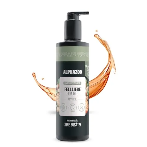 alphazoo Fellliebe Futteröl für Hunde 500ml – mit Lachs-, Mandel- & Arganöl. Reich an Omega-3, -6 & -9 Fettsäuren zur Unterstützung von Haut, Fell & Glanz. Ergänzungsfuttermittel ohne Zusätze