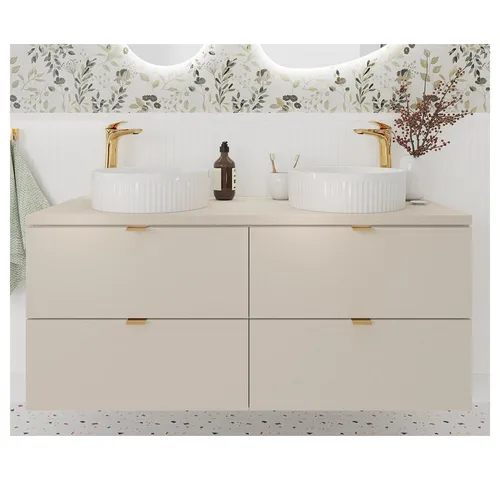 Lomadox Badezimmer Doppelwaschtisch 120 cm in Kaschmir matt - Komplettprogramme für Badezimmer, eleganter Doppelwaschtisch mit Softclose-Schubladen und flexibler Griffauswahl für individuelles Design.