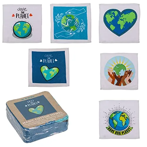 Magisches Baumwoll-Handtuch Zaubertuch Save The Planet 6er-Set für Kinder 30 x 30 cm Mitgebsel Geschenkidee Kindergeburtstag Geschenk Reisen 100% Baumwolle