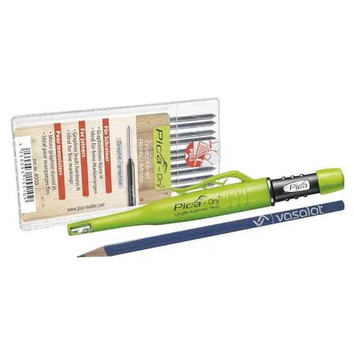 Pica Dry Tieflochmarker Set - Druckbleistift mit automatischem Minenvorschub - Zimmermannsbleistifte für präzise Markierungen auf rauen und feuchten Oberflächen, inklusive 10 Ersatzminen in Härte H und integriertem Spitzer für millimetergenaues Anzeichnen.