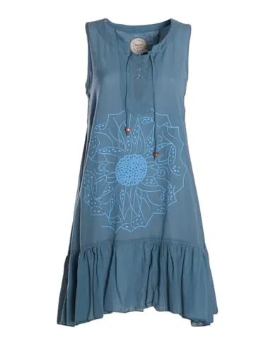 Vishes Alternative Bekleidung - Damen mittellanges Kleid Baumwolle Blumen-Muster Hängerkleid mit Schnürung und Holzperlen türkis 36