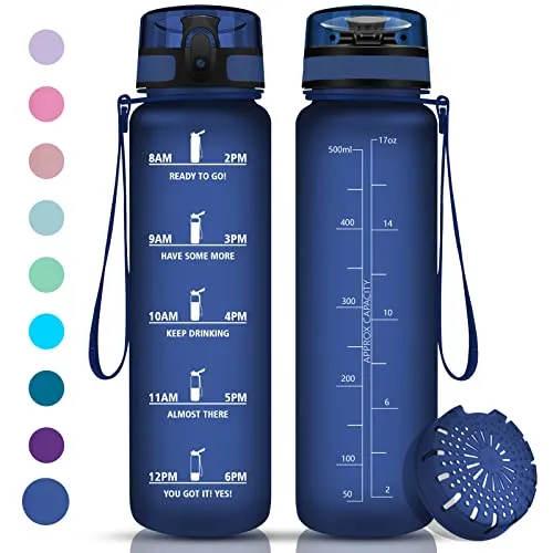 Sportwasserflasche, 500 ml Wasserflasche, BPA-frei, auslaufsicher und wiederverwendbar, mit Filter und Zeitmarkierung, geeignet für Camping, Radfahren, Wandern, Schule, Büro, Outdoor