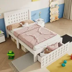 okwish Jugendbett 90x200 Kinderbett aus Massivholz mit Matratze,Einzelbett mit Schubladen & Unterm Bett Stauraum,Bettgestell mit Lattenrost,mit Blo... - Weiß