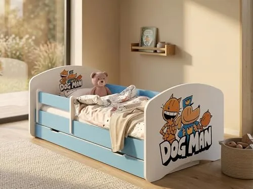 Juniorbett Happy 144x82 cm mit Bettkasten und Rausfallschutz in Blau
