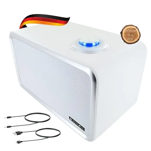 SCHWAIGER 661736 Moderner Retro Bluetooth Lautsprecher Modern-Vintage Speaker Lederoptik Holzgehäuse Akku Wireless HiFi Musikbox inkl. Klinkenkabel Micro-USB-Kabel weiß