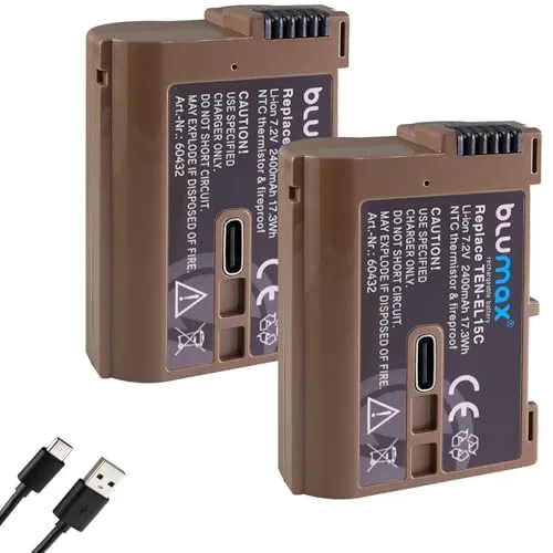 Blumax Akku für Nikon EN-EL15c - 2400mAh - Kamera-Akku mit USB Typ-C Ladebuchse, NTC-Sensor und hitzebeständigem V1-Gehäuse für eine zuverlässige Energiequelle und schnelle Aufladung.