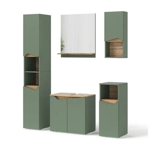 Vicco Badmöbel-Set Marelle, Grün/Artisan, 5 Teile - Elegantes Badmöbel-Set aus robuster Spanplatte, ideal für ein modernes Badezimmer. Mit einer ansprechenden Kombination aus Grün und Artisan-Finish sorgt es für eine frische Atmosphäre.