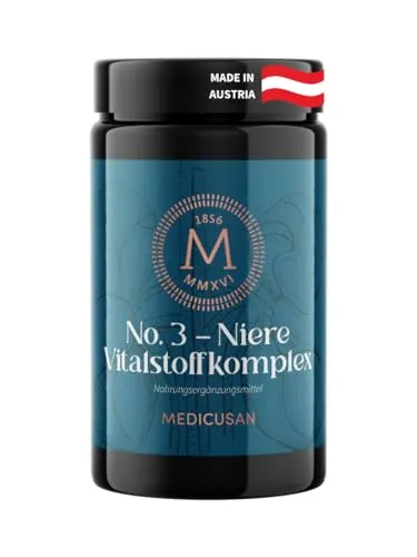 Medicusan No.3 Niere – 1.200mg Goldrute – 1.200mg Zinnkraut – 1.500mg Brennnessel – 150mg Wacholderbeeren, Birkenblatt – 400mg Echte Bärentraube, Kapuzinerkresse – 2Kapseln/Tag – 60Kapseln/30Tage