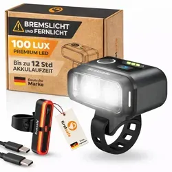 firstsafe® Fahrradlicht Set Front- & Rücklicht mit Fernlicht, Bremslicht & Akku