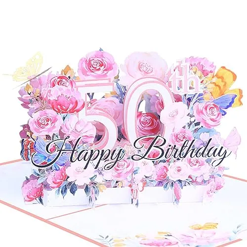 Geburtstagskarte zum 50. 3d blume pop up geburtstag karte Grußkarten Geschenk-Karte mit Umschlag Happy Birthday Greeting Card für fünfzig 50 jahre frau, Mütter, Freunden, Familie women wife (Rosa)