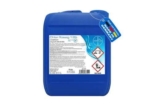 HERRLAN Poolpflege Chlor flüssig 5L – Unstabilisiert mit 13% Aktivchlorgehalt - Effektive Poolpflege mit HERRLAN Chlor flüssig 5L, frei von Cyanursäure für eine schnelle Wasserdesinfektion. Ideal für Whirlpools und Schwimmbecken, sorgt für klares Wasser und einfache Anwendung.