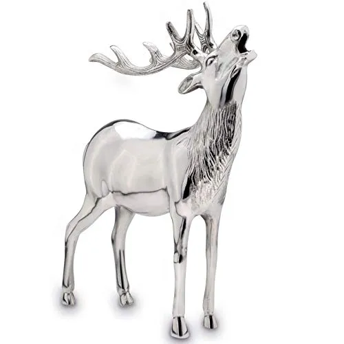 Hirsch Figur Aluminium XXL röhrend silbern - stehende Hirsch Dekofigur mit Geweih - Weihnachtsdeko zum Hinstellen - edle Wohndeko & Blickfang für Sideboard, Empfang oder Hotel-Lobby Höhe 42 cm