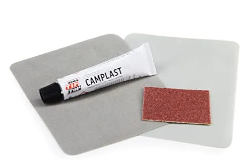 Campfrei Reparaturflicken für Velour Luftmatratzen, grau, 2x Flicken, 1x Kleber, 1x Schleifpapier, Luftmatratzenreparatur-Set