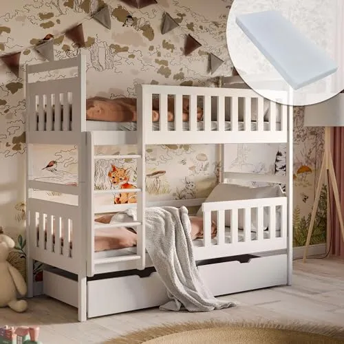 Hochbett 80x180 cm mit 2 Matratzen und 2 Schubladen - Etagenbett in Weiß mit Rausfallschutz - Praktisches Hochbett mit zwei punktelastischen Matratzen und extra Stauraum durch zwei Schubladen. Sicher und umbaubar in zwei Einzelbetten, ideal für Kinderzimmer.