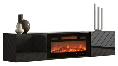 Mirjan24 TV-Lowboard Luxe EF mit Elektrischem Kamin - TV-Bank mit realistischem LED-Kamin für Fernseher bis 80 Zoll, stilvolles Design in Schwarz/Hochglanz und praktische Grifflose Fronten.