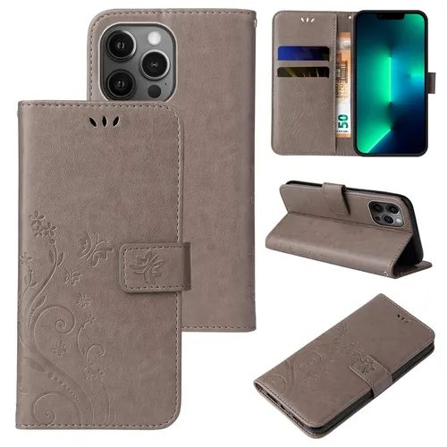 Handyhülle für Apple iPhone 13 Pro Max Case Tasche Blume Schmetterling Grau
