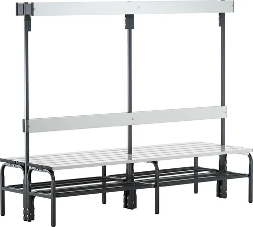 Sypro Umkleidebank mit Aluminiumleisten, doppelseitig und 12 Haken - Stabile Umkleidebank mit Rückenlehne, ideal für Feuchträume. Mit abwaschbaren Aluminiumleisten und höhenverstellbaren Bodengleitern für optimalen Komfort.