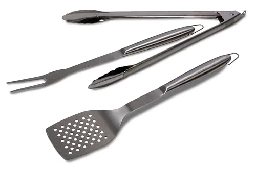 Frischluftküche Grillbesteck 3-teilig Edelstahl - Komplettes Set für das ultimative Grillvergnügen, enthält alle notwendigen Werkzeuge, vereint Qualität mit Vielseitigkeit - Edelstahl, 43cm