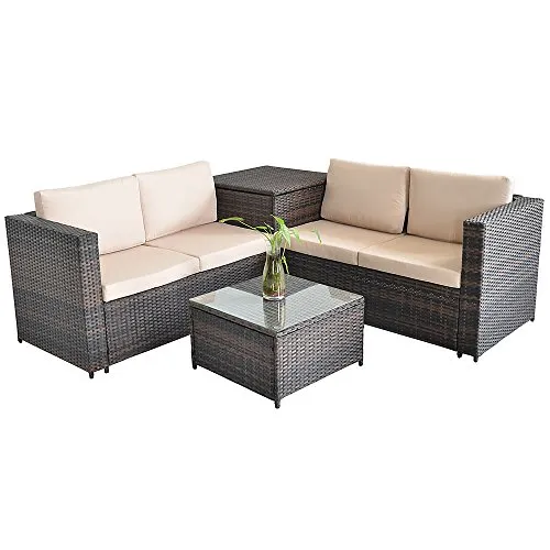 Melko Gartenlounge Set Ecksofa mit Glastisch und Aufbewahrungsbox Polyrattanlounge 185x185CM