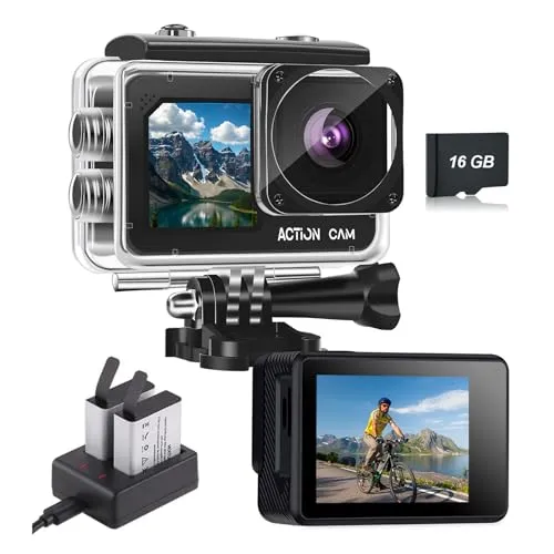 Nvgfelis Action Cam FHD 1080P Dual-Screen Unterwasserkamera | wasserdicht bis 40M, Actionkamera mit 2×1050-mAh-Akkus, 16GB Karte & umfangreichem Zubehör für Helm, Fahrrad u.v.m.