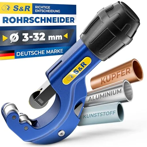 S&R Rohrschneider für Aluminium-, Kupfer- & Kunststoff-Rohre - für Ø 3-32mm - Rohrabschneider aus Vollmetall mit Entgrater und Ersatzklinge für privaten und gewerblichen Einsatz