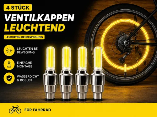 4x LED Ventilkappen Gelb für Fahrrad – Leuchtende Ventillichter – Bewegungsaktiviert – Fahrrad Zubehör