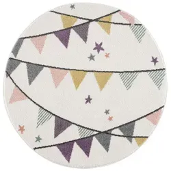 Runder Kinderteppich Creme Lila 120 cm - Wimpel-Motiv für Mädchen - Teppiche & Läufer für Baby- & Kleinkinderzimmer. Dieser weiche Kinderteppich begeistert mit einem verspielten Wimpel-Motiv und schimmerndem Flor, ideal zum Spielen und Entspannen im Kinderzimmer.