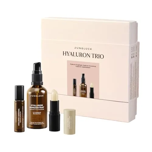 JUNGLÜCK IN A BOX Hyaluron Trio – Feuchtigkeits-Set für strahlende Haut - Das Hyaluron Trio bietet dreifache Feuchtigkeit für Gesicht, Augen und Lippen. Mit geprüfter Qualität und für alle Hauttypen geeignet. Ideal als Geschenk für strahlende und gepflegte Haut.