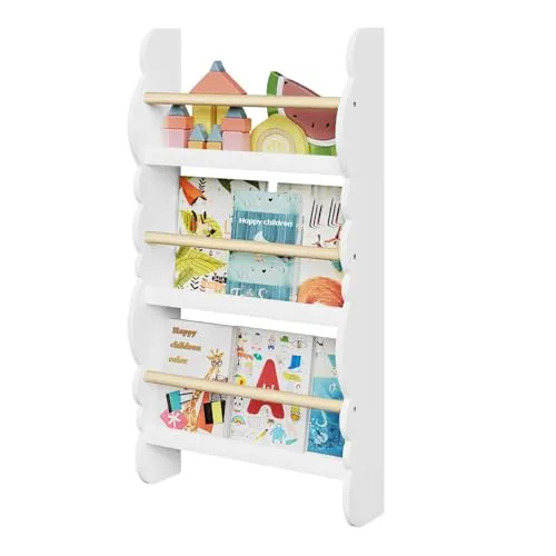 WOLTU Kinder Bücherregal Wand – Sicherer Bücher-Organizer für Kinderzimmer - Kinderzimmerregal aus Kiefernholz und E1 MDF, mit EU-Sicherheitszertifizierung und abgerundeten Kanten für sichere Buchaufbewahrung. Ideal für Spielzimmer und fördert selbstständiges Lernen.
