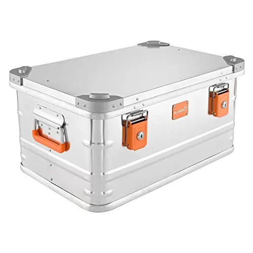 Alubox Alukiste abschließbar E47 - 47 Liter Premium Aluminium Lagerbox - Werkzeugkasten mit 47 Litern Fassungsvermögen, stabil und stapelbar, ausgestattet mit Gummidichtung für Staub- und Spritzwasserschutz sowie abschließbaren Hebelspannverschlüssen.