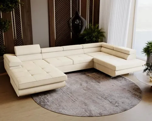 Emporius Ecksofa Sorlo U - Couch mit Schlaffunktion, verstellbare Kopfstützen, Bettkasten - Couch 345 cm U-Form - Ottomane rechts freistehend - Samtstoff Velvet (Beige - Amor Velvet 4323)