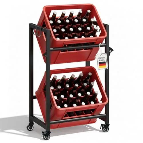 Roxlin Getränkekistenregal auf Rollen – Robustes Metallregal für 2 Kisten - Praktisches Getränkekistenregal aus pulverbeschichtetem Metall mit Platz für 2 Kisten. Hohe Tragkraft von 300 kg und platzsparendes Design für Küche, Keller oder Vorratsraum. Ideal für eine ordentliche Vorratshaltung.