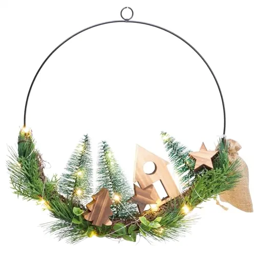 com-four® LED-Kranz mit Timer - 30 cm Metallkranz mit 20 warmweißen LEDs - Dekorative Beleuchtung mit Winterhaus und Bäumen - Innen-Beleuchtung für Weihnachten (Bunter LED-Kranz)