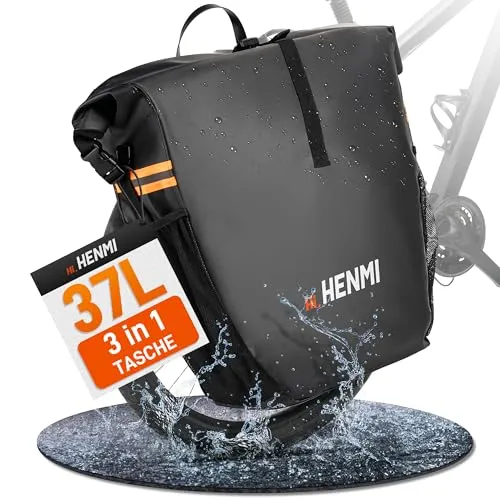 HENMI Fahrradtasche für Gepäckträger, 37L Wasserdicht Fahrrad Gepäckträgertasche mit Reflektoren, 3 IN 1 Fahrrad Taschen Hinten mit Tragegriff Und Schultergurt