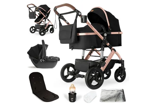 bergsteiger Kombi-Kinderwagen Nizza 3 in 1 - Vielseitiger Kinderwagen mit Auto-Babyschale und optionaler Isofix Station, elegantes Design in black und rose golden, ideal für moderne Eltern.