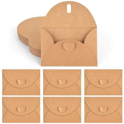 HAKACC Mini Briefumschläge, 100 Stück Kraftpapier Umschläge mit Herzverschluss, Kleine Umschläge für Weihnachtsgeschenkkarten, Dankeskarten, Hochzeit, Geburtstag und DIY Basteln