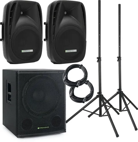 Pronomic 118S-212A Aktive PA-Anlage - PA Komplettset mit 600 Watt Leistung, inklusive Subwoofer, Satelliten-Boxen und Zubehör für beeindruckenden Sound und einfache Mobilität.