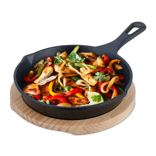 Gusseisenpfanne Gusseisen Servierpfanne Grillpfanne mit Holzuntersetzer 20 cm