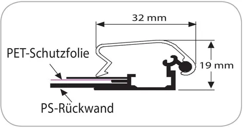 Klapprahmen 32mm Gehrung 700x1000mm silber eloxiert - Robuster Klapprahmen für Posterformate, silber eloxiert. Mit entspiegeltem PET-Schutz und stabiler Rückwand, ideal für vielseitige Präsentationen.