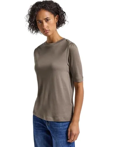 Street One Damen 3227716 Basic T-Shirt mit Raffung, bark Brown, Größe 42 - Stylisches Damenshirt mit Rundhalsausschnitt und Schulterraffung, ideal für einen lässigen Look. Perfekt für jede Gelegenheit!