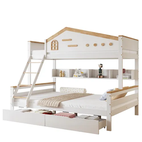 Etagenbett mit 2 Liegeflächen und Rausfallschutz - Etagenbett für Kinder mit 2 Liegeflächen (90x200cm/140x200cm), stabiler Schubladenlösung und sicherem Rausfallschutz. Ideal für platzsparendes Wohnen und modernes Design.