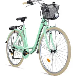 Bergsteiger Florenz 28 Zoll Damenfahrrad, ab 160 cm, Korb, Fahrrad-Licht, Shimano 7 Gang-Schaltung, Standlichtfunktion, Damen-Citybike, Damenrad im... - Grün