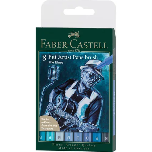 FABER-CASTELL 167173 - Tuschestift Pitt Artist Pen, 8er Etui in The Blues, wasserfest und lichtbeständig für kreative Zeichnungen