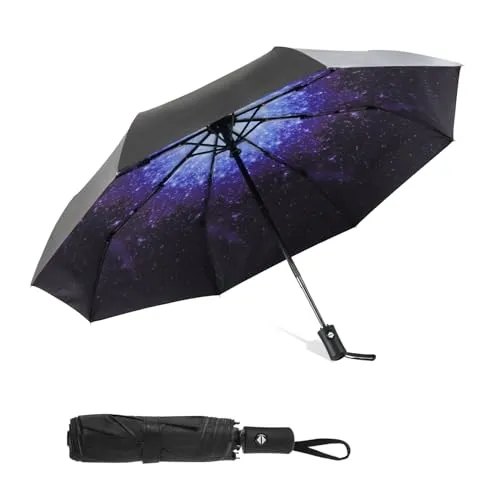 SY COMPACT Automatischer faltbarer Regenschirm, wind- und wasserfest, Sternenhimmelblau
