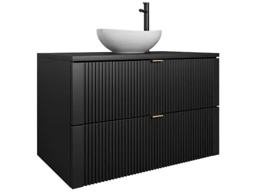 Easy4You Unterschrank DAKI 80 cm Schwarz mit Goldgriffe Hängeschrank Badschrank Badezimmerschrank mit 2 Schubladen - Geriffelte Front