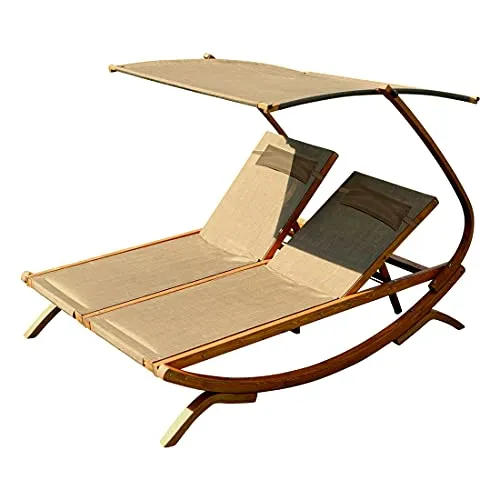 ALEOS. AS-S Doppel Sonnenliege Doppelliege Tulum Bronze für 2 Personen mit verstellbarem Dach mit 2 Kopfpolster aus Holz Lärche