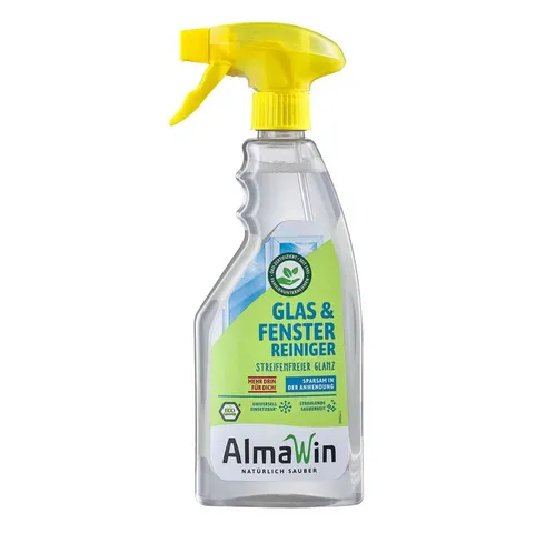 AlmaWin Glasreiniger 500ml - Gebrauchsbereit für streifenfreien Glanz - Reinigungsmittel für Fenster, Spiegel und mehr. Antistatische Wirkung reduziert Staub, biologisch abbaubar und ökozertifiziert von Ecogarantie.